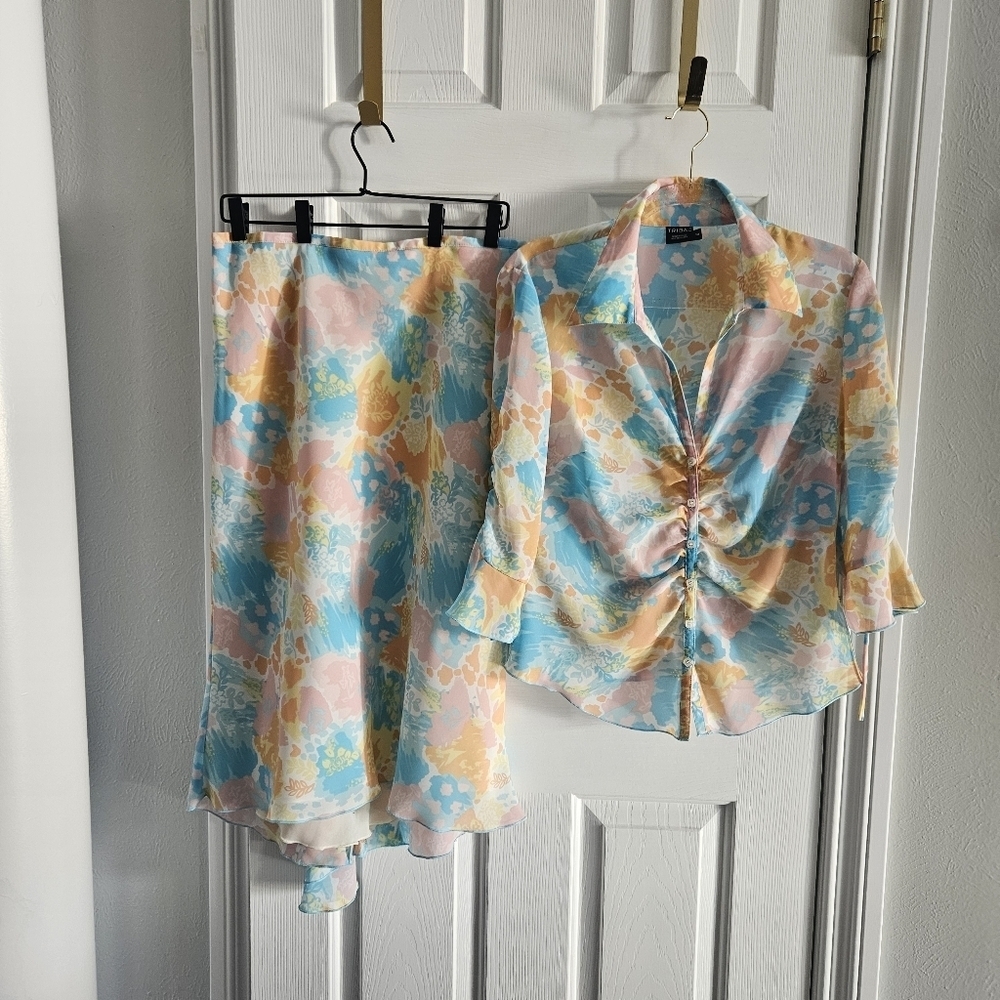 NWOT Tribal Pastel Floral Skirt + Blouse 2 Piece Set